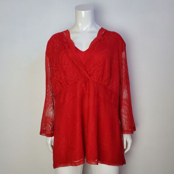 Vintage Y2K Lane Bryant Plus Size Red Lace Blouse - Picture 4 of 8